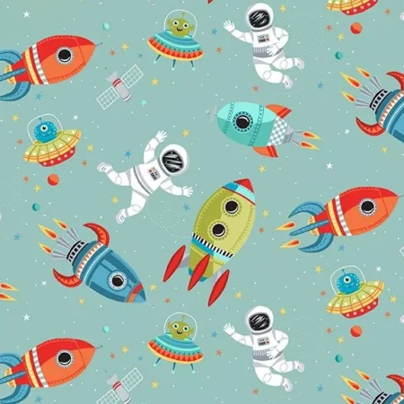 Makower - Outer Space - Spacemen and Rockets on Blue