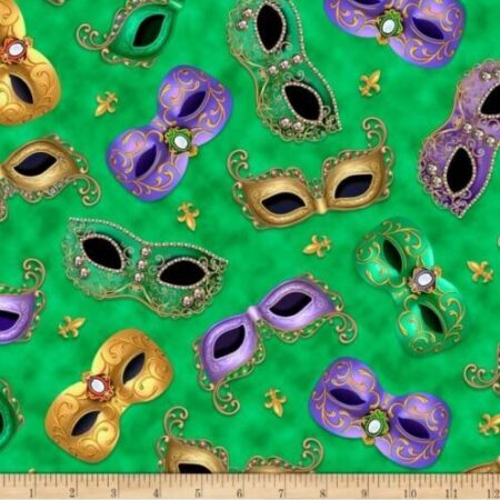 Quilting Treasures - Mardi Gras - Masks on Green